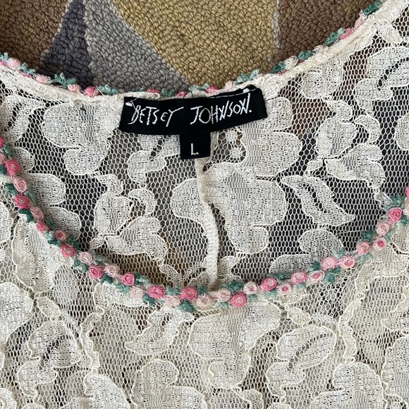 VINTAGE BETSEY JOHNSON LACE ROSETTE ROSES CRÈME MINI DRESS L XL 8 10 12 14 - Picture 2 of 5